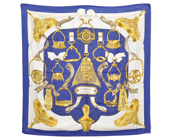 Authentic HERMES Carre 90 Scarf "ETRIERS" Silk Blue 8831B