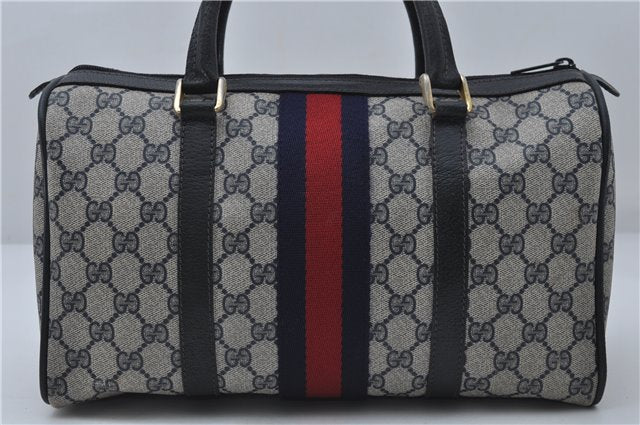 Authentic GUCCI Sherry Line Hand Boston Bag GG PVC Leather Navy Blue Junk 8836D