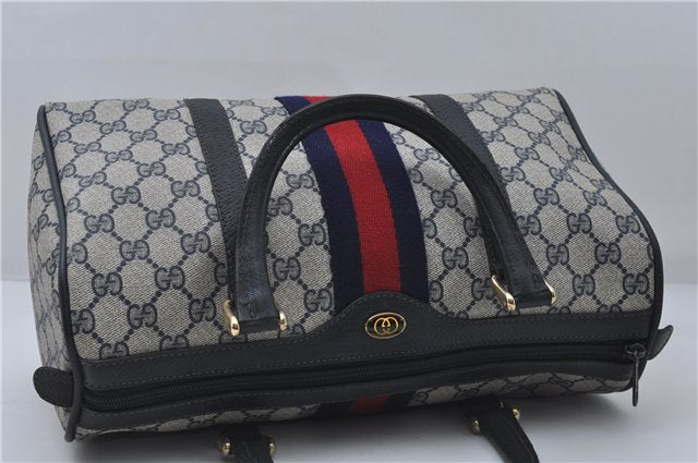 Authentic GUCCI Sherry Line Hand Boston Bag GG PVC Leather Navy Blue Junk 8836D