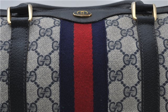 Authentic GUCCI Sherry Line Hand Boston Bag GG PVC Leather Navy Blue Junk 8836D