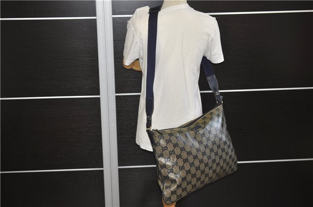Authentic GUCCI GG Crystal Shoulder Cross Body Bag PVC Leather 278301 Navy 8836E