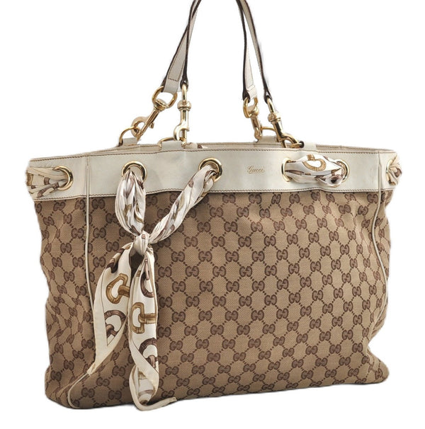 Authentic GUCCI Positano Scarf Tote Bag GG Canvas Leather 153033 Brown 8844F