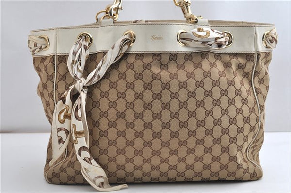 Authentic GUCCI Positano Scarf Tote Bag GG Canvas Leather 153033 Brown 8844F