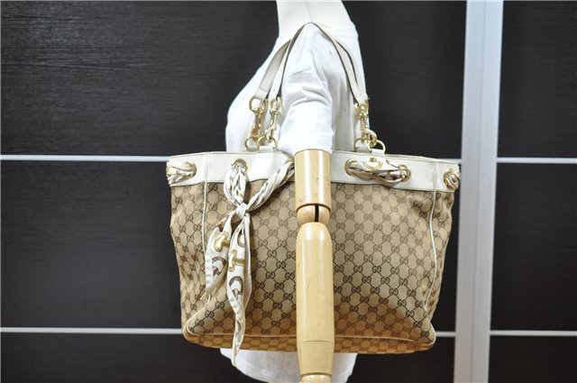 Authentic GUCCI Positano Scarf Tote Bag GG Canvas Leather 153033 Brown 8844F