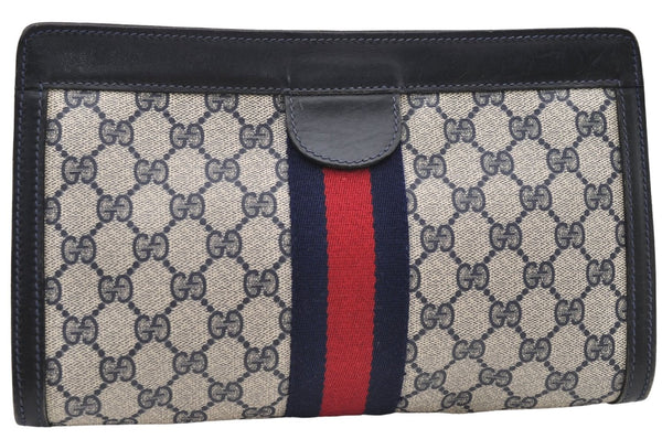 Authentic GUCCI Sherry Line Clutch Hand Bag Purse GG PVC Leather Navy Blue 8846D