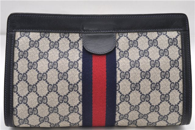 Authentic GUCCI Sherry Line Clutch Hand Bag Purse GG PVC Leather Navy Blue 8846D