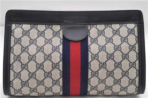 Authentic GUCCI Sherry Line Clutch Hand Bag Purse GG PVC Leather Navy Blue 8846D