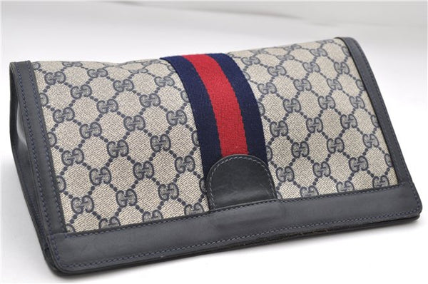 Authentic GUCCI Sherry Line Clutch Hand Bag Purse GG PVC Leather Navy Blue 8846D