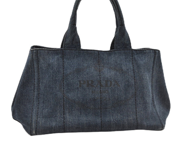 Authentic PRADA Vintage Canapa M Denim Tote Hand Bag Blue 8847F