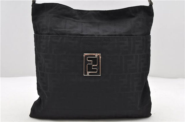 Authentic FENDI Zucca Shoulder Bag Purse Nylon Leather Black 8853C