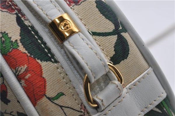 Authentic GUCCI Flora Shoulder Cross Body Bag Canvas Leather Ivory White 8853D