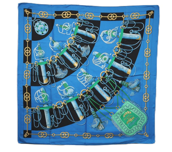 Authentic HERMES Carre 90 Scarf "Cliquetis" Silk Blue 8859E