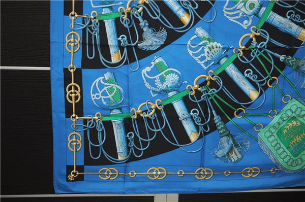 Authentic HERMES Carre 90 Scarf "Cliquetis" Silk Blue 8859E