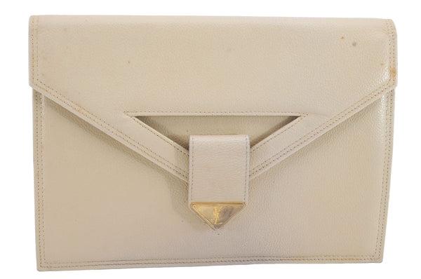 Authentic YVES SAINT LAURENT Clutch Hand Bag Purse Leather Ivory 8866D