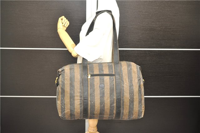 Authentic FENDI Pequin Travel Shoulder Tote Bag PVC Leather Brown Black 8871D