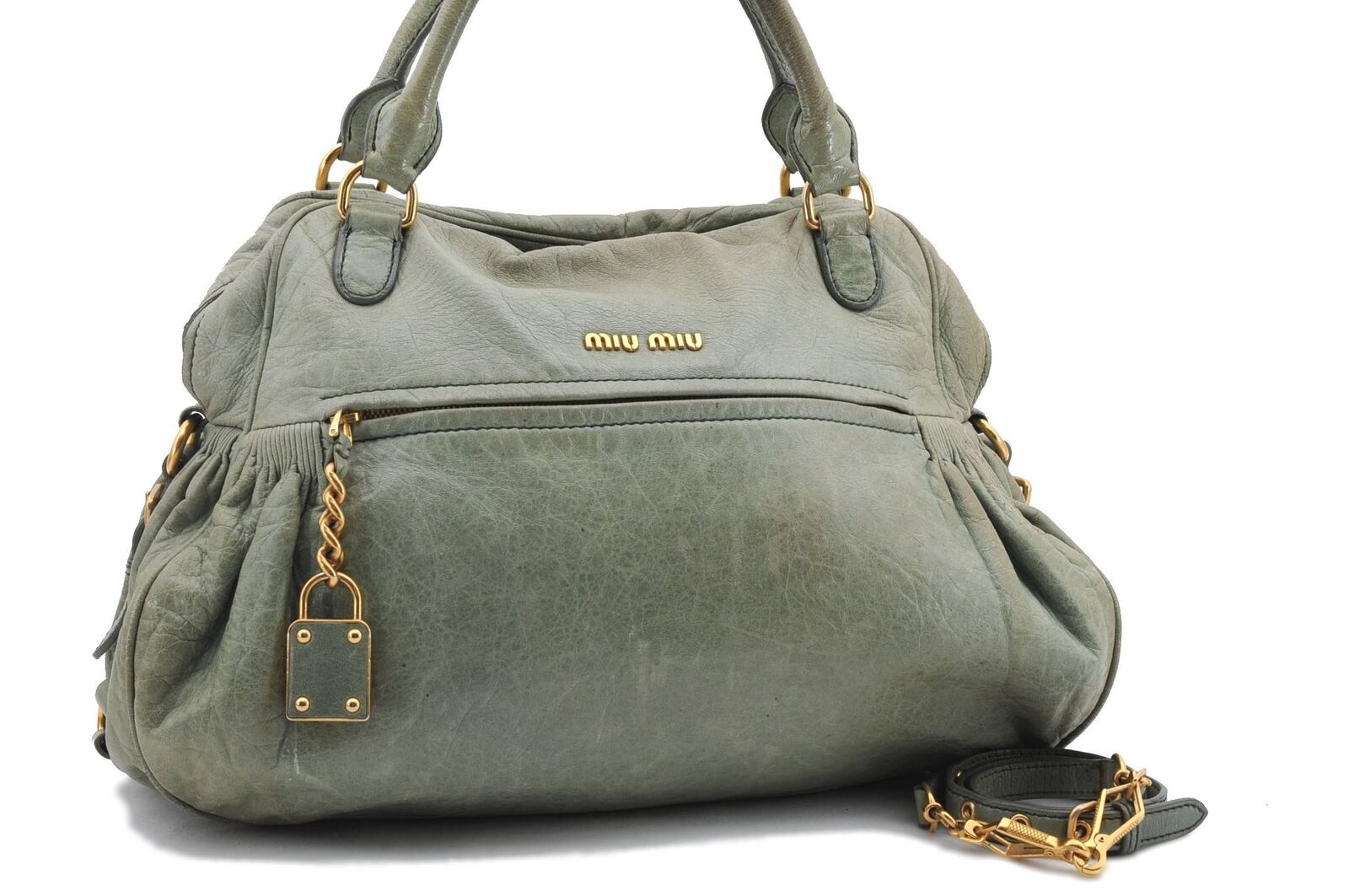 Authentic MIUMIU Leather 2Way Shoulder Hand Bag Purse Green 8882B