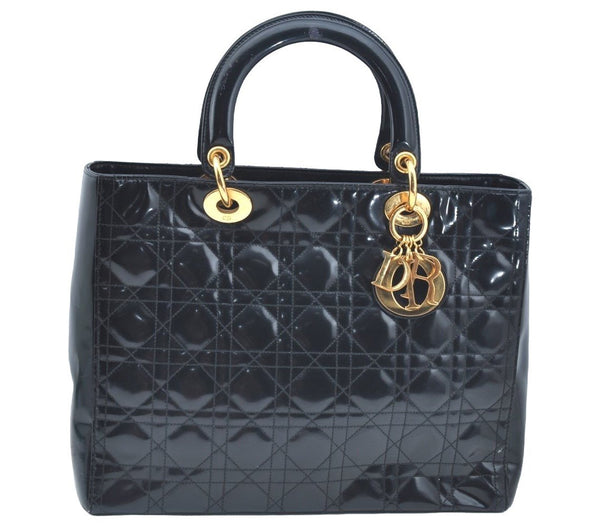 Authentic Christian Dior Lady Dior Enamel Cannage Hand Bag Black CD 8892F
