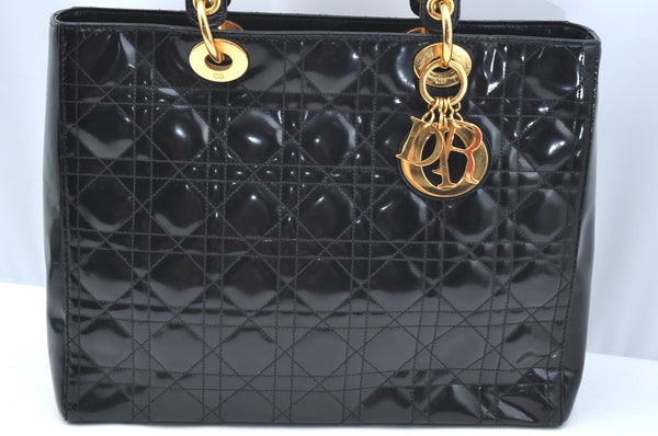 Authentic Christian Dior Lady Dior Enamel Cannage Hand Bag Black CD 8892F