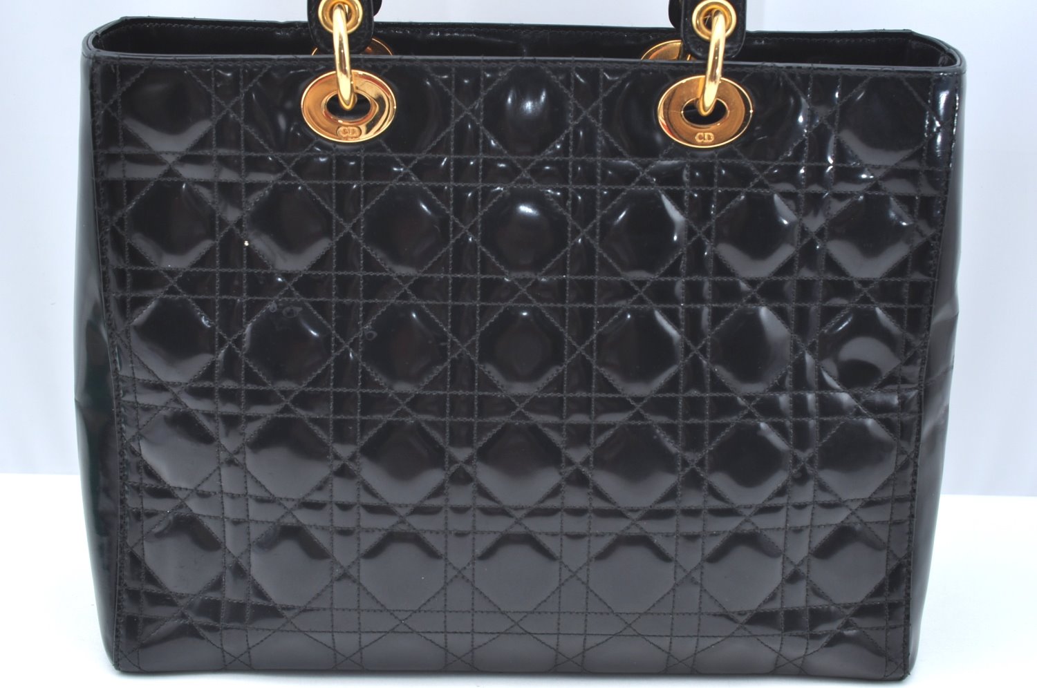 Authentic Christian Dior Lady Dior Enamel Cannage Hand Bag Black CD 8892F