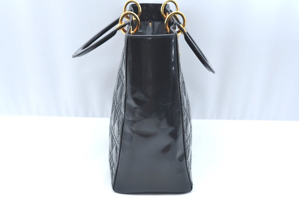 Authentic Christian Dior Lady Dior Enamel Cannage Hand Bag Black CD 8892F