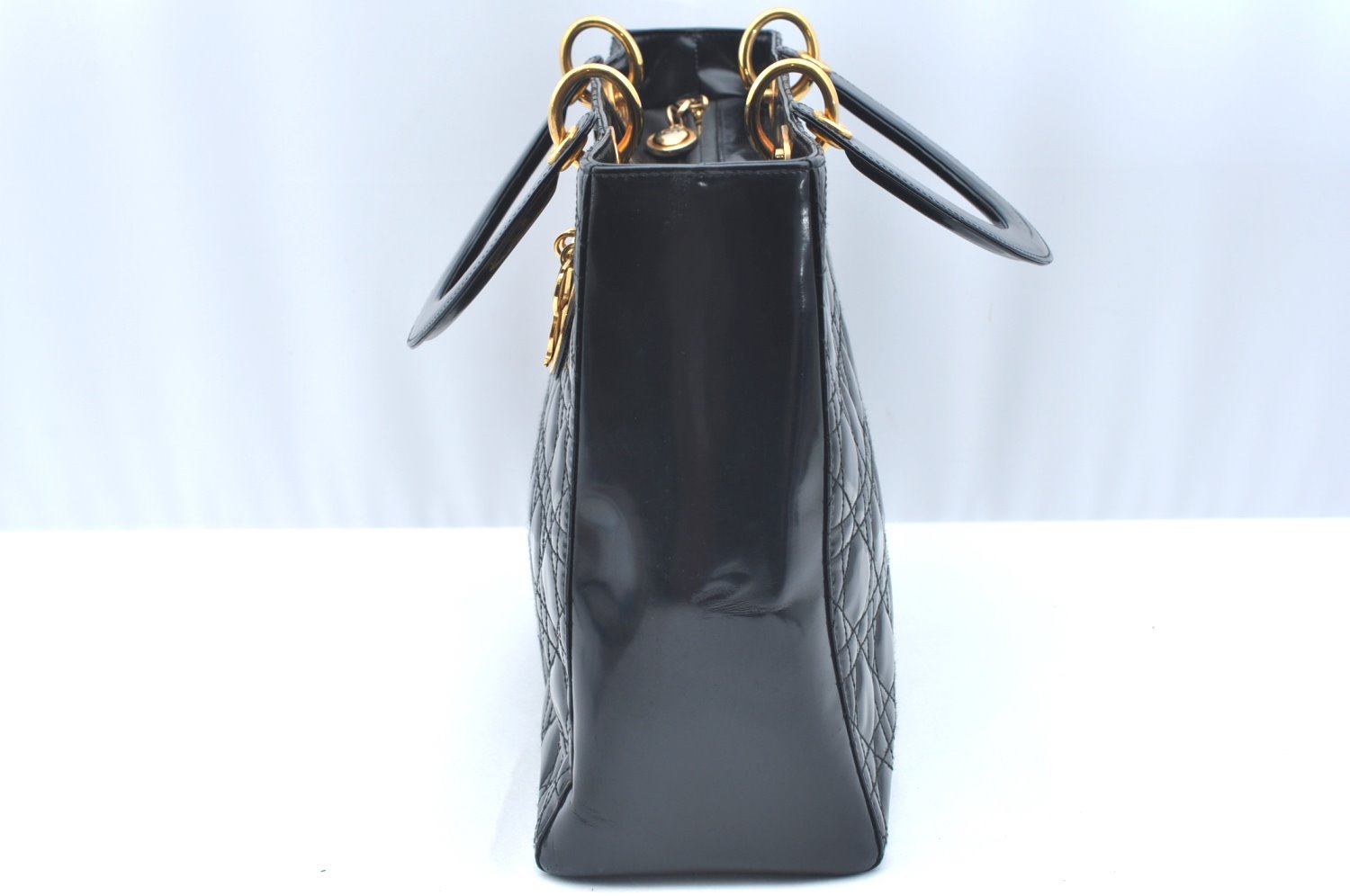 Authentic Christian Dior Lady Dior Enamel Cannage Hand Bag Black CD 8892F