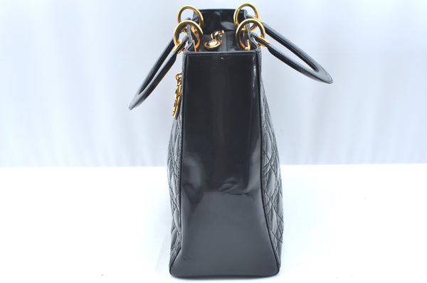 Authentic Christian Dior Lady Dior Enamel Cannage Hand Bag Black CD 8892F
