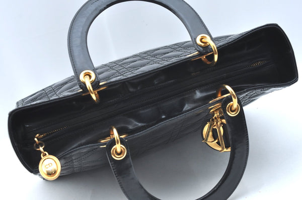 Authentic Christian Dior Lady Dior Enamel Cannage Hand Bag Black CD 8892F