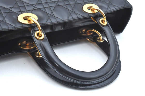 Authentic Christian Dior Lady Dior Enamel Cannage Hand Bag Black CD 8892F