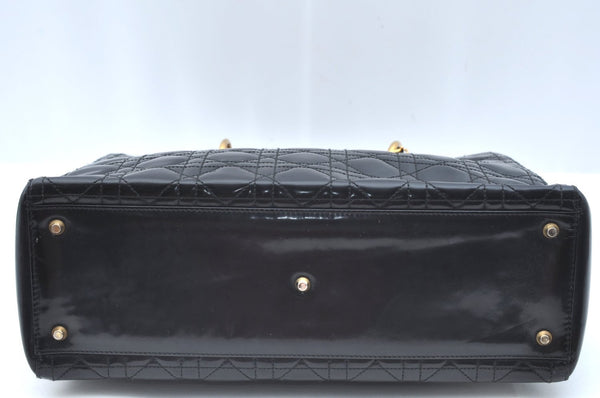 Authentic Christian Dior Lady Dior Enamel Cannage Hand Bag Black CD 8892F
