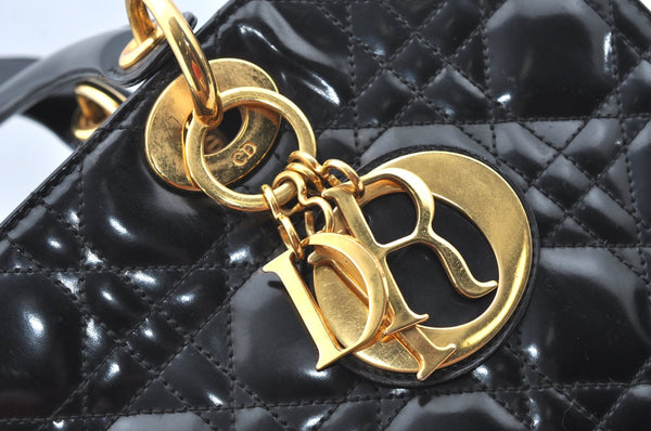 Authentic Christian Dior Lady Dior Enamel Cannage Hand Bag Black CD 8892F