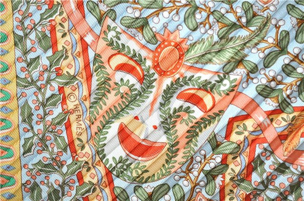 Authentic HERMES Pleats Scarf " Axis Mundi" Silk Orange Box 8903F