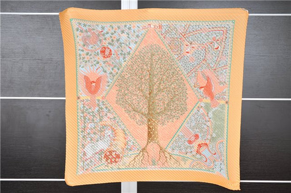 Authentic HERMES Pleats Scarf " Axis Mundi" Silk Orange Box 8903F