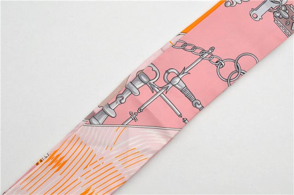 Authentic HERMES Twilly Scarf "Caleche Mors et Bouteilles" Silk Pink 8905F