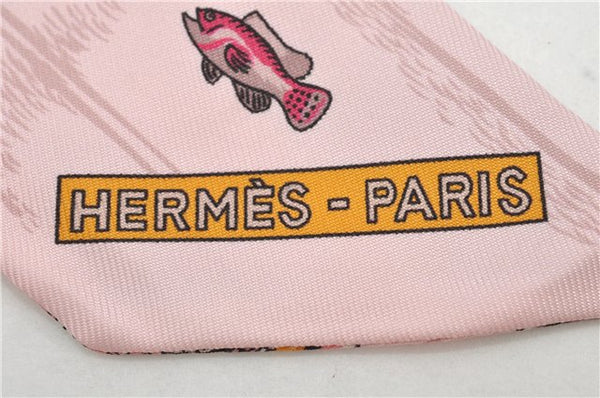 Authentic HERMES Twilly Scarf "Caleche Mors et Bouteilles" Silk Pink 8905F