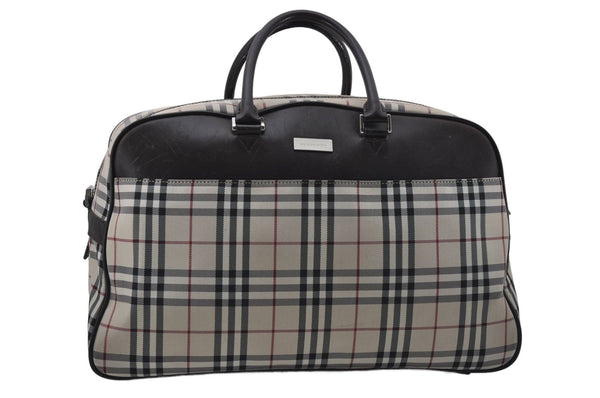Authentic BURBERRY Nova Check 2Way Travel Boston Bag Nylon Leather Beige 8907D