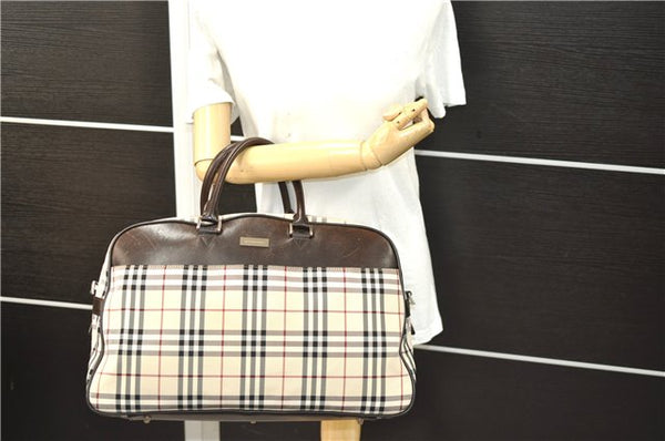 Authentic BURBERRY Nova Check 2Way Travel Boston Bag Nylon Leather Beige 8907D