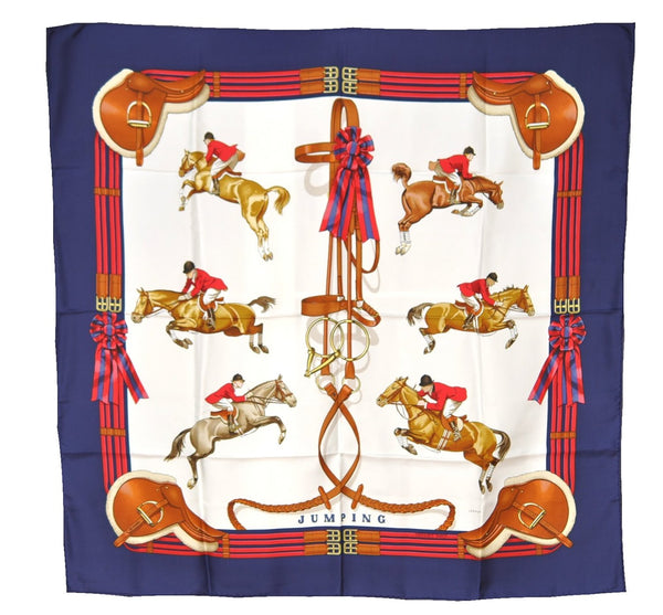 Authentic HERMES Carre 90 Scarf "JUMPING" Silk Navy 8911F