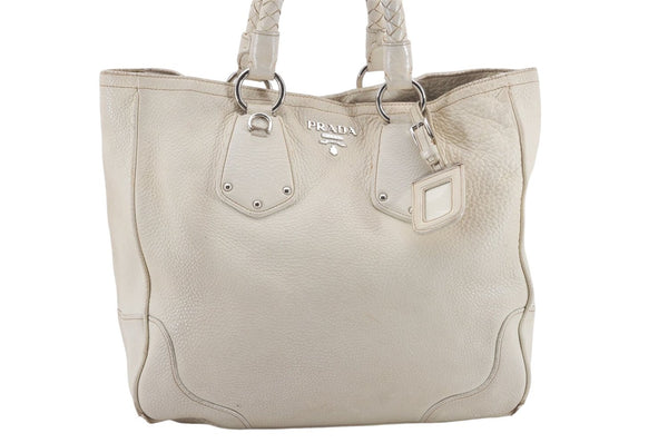 Authentic PRADA Leather 2Way Tote Hand Bag Ivory 8924D