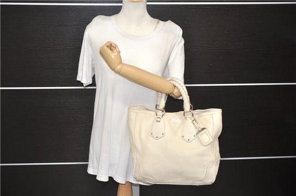 Authentic PRADA Leather 2Way Tote Hand Bag Ivory 8924D