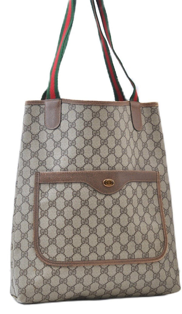 Authentic GUCCI Web Sherry Line Shoulder Tote Bag GG PVC Leather Brown 8940E