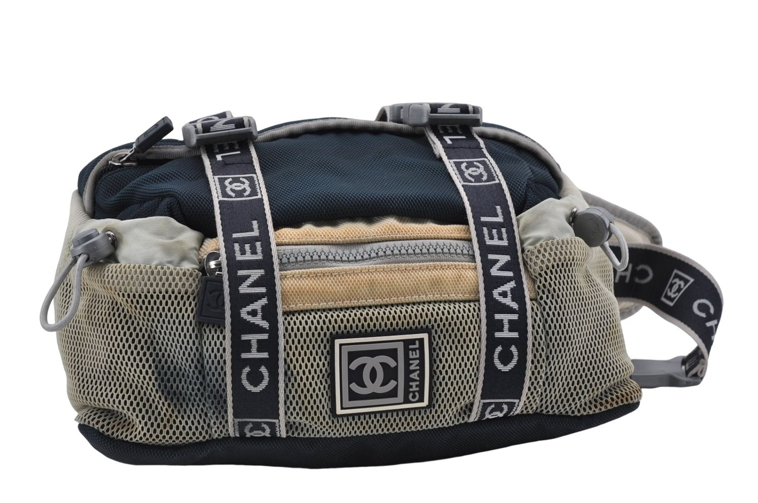 Authentic CHANEL Sports Line Nylon CC Logo Waist Bum Bag Navy Ivory 8943D