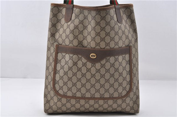 Authentic GUCCI Web Sherry Line Shoulder Tote Bag GG PVC Leather Brown 8944E