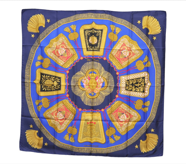 Authentic HERMES Carre 90 Scarf "Poste et Cavalerie" Silk Navy 8971E