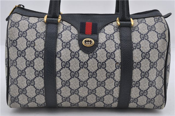 Authentic GUCCI Sherry Line Hand Boston Bag Purse GG PVC Leather Navy Blue 8972D