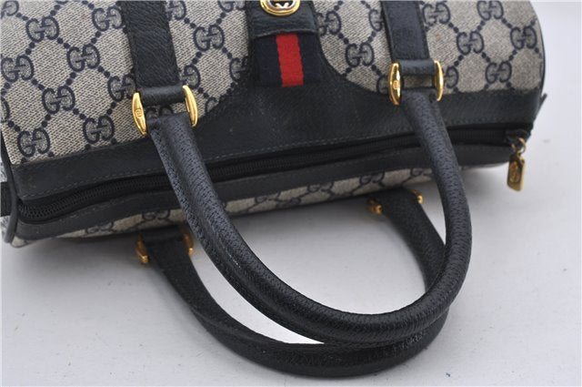 Authentic GUCCI Sherry Line Hand Boston Bag Purse GG PVC Leather Navy Blue 8972D