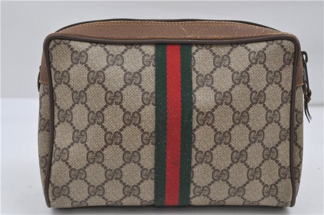 Authentic GUCCI Web Sherry Line Clutch Hand Bag Purse GG PVC Leather Brown 8974D