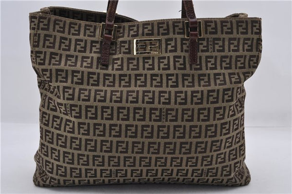 Authentic FENDI Zucchino Tote Hand Bag Purse Canvas Leather Brown 9001D
