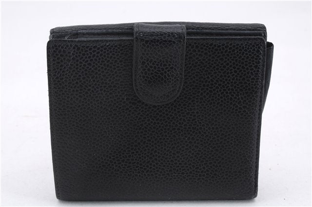 Authentic CHANEL Caviar Skin CC Logo Bifold Wallet Purse Black 9002D