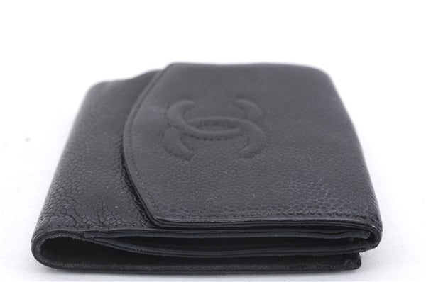 Authentic CHANEL Caviar Skin CC Logo Bifold Wallet Purse Black 9002D