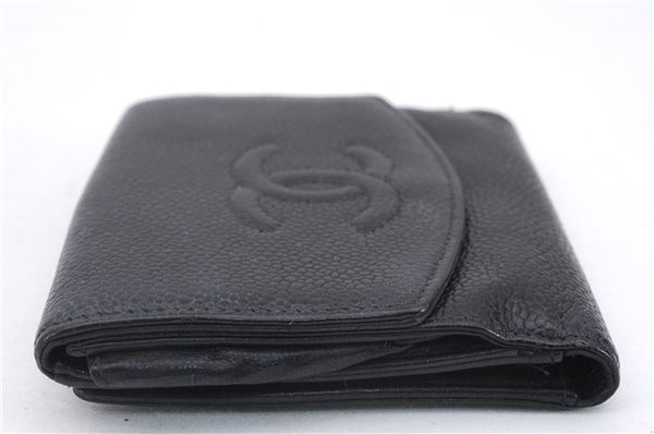 Authentic CHANEL Caviar Skin CC Logo Bifold Wallet Purse Black 9002D